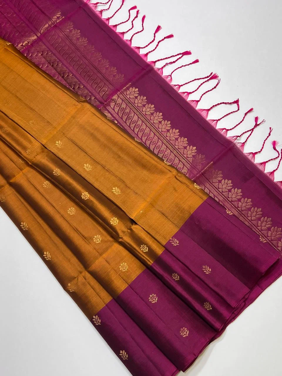 Mustard Gold with Wine Purple Border Small Floral Buttas Kanchipuram Silk Saree